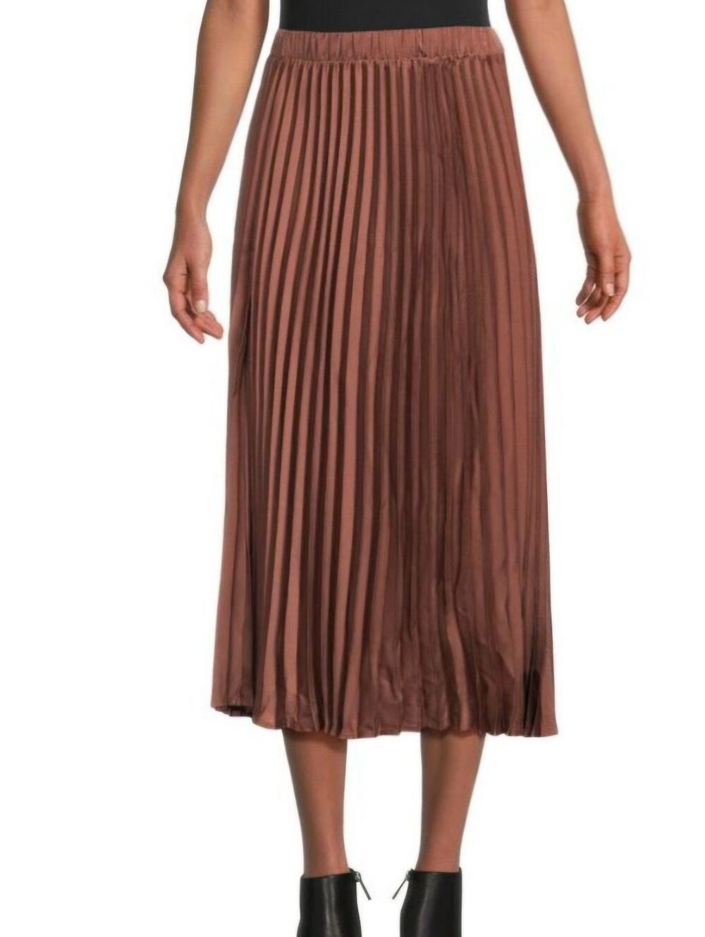 ADRIANNA PAPALL Pleated Satin Midi Pull On Stretch Skirt Bronze/Brown Size Large